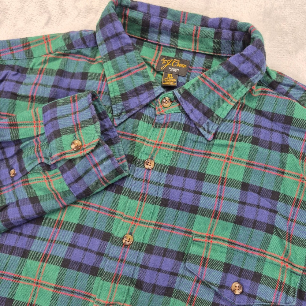 J.Crew Cashmere Blend Mens XL Green Blue Plaid Cotton Button Down Shirt Holiday